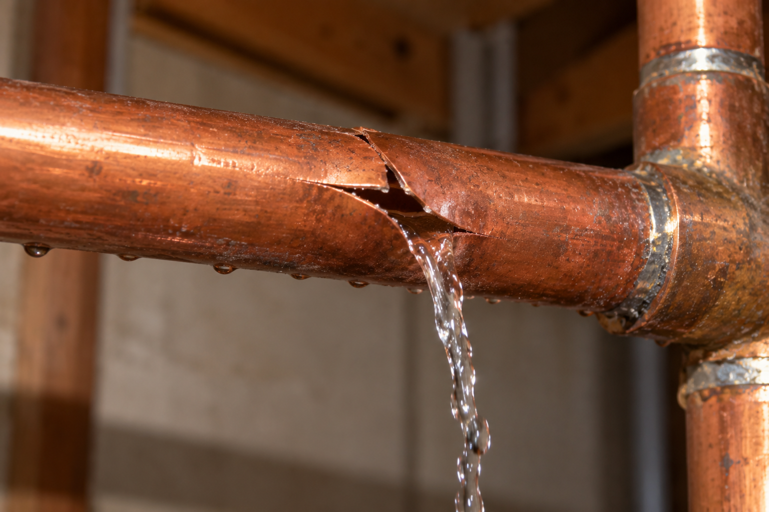 Burst copper pipe leaking water